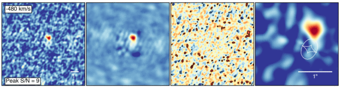 Para compensar el efecto del lente gravitacional en estas galaxias, se comparan los datos de ALMA (izquierda) con una imagen modelo distorsionada por un lente gravitacional (segunda a partir la izquierda). La diferencia se muestra en la tercera imagen a partir de la izquierda. A la derecha se muestra la estructura de la galaxia sin el efecto de lente gravitacional. Esta imagen muestra los diferentes rangos de velocidad dentro de la galaxia, que ALMA detecta en distintas frecuencias debido al efecto Doppler. Créditos: ALMA (ESO/NAOJ/NRAO); D. Marrone et al.