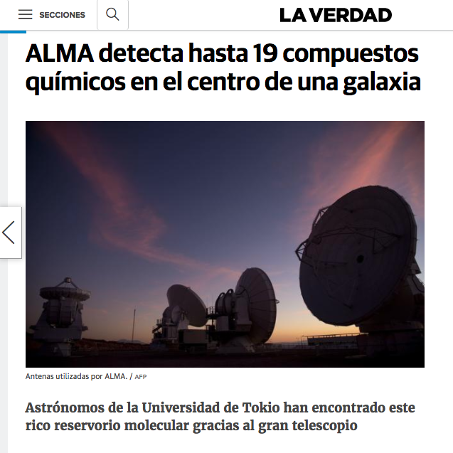 ALMA detecta hasta 19 compuestos químicos en el centro de una galaxia