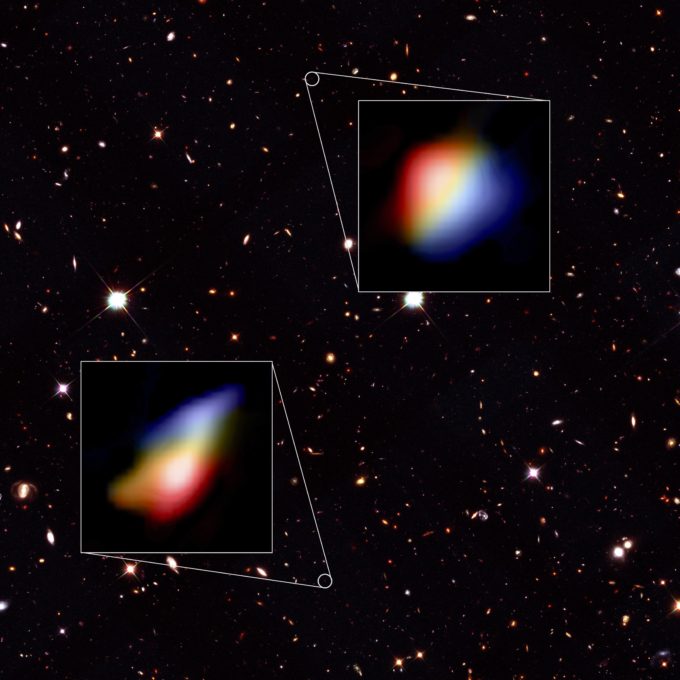 Data visualization – Hubble Telescope image of the night sky where the galaxies were found and two zoomed in panels of the ALMA data. Credit: Hubble (NASA/ESA), ALMA (ESO/NAOJ/NRAO), P. Oesch (University of Geneva) and R. Smit (University of Cambridge).