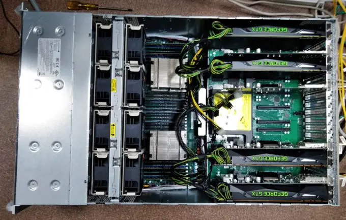 The new spectrometer under development and GPU boards with the words “GEFORCE GTX” on it. Credit: NAOJ/KASI