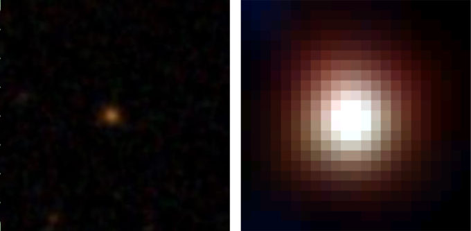 Figure 1: Image of a DOG, WISE1029. The left and right panels show an optical image from the Sloan Digital Sky Survey (SDSS), and mid-infrared image from WISE, respectively. The image size is 30 square arcsecond (1 arcsecond is 1/3600 degree). It is clear that DOGs are faint in the optical, but are incredibly bright in the infrared. The SDSS spectrum indicates that strong ionized gas is outflowing toward us from WISE1029. Credit: Sloan Digital Sky Survey/NASA/JPL-Caltech