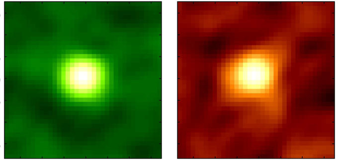 Imagen 2: emisión del monóxido de carbono (izquierda) y emisión del polvo frío (derecha) en WISE1029 observadas con ALMA. La imagen representa 3 arcosegundos cuadrados. Créditos: ALMA (ESO/NAOJ/NRAO), Toba et al.