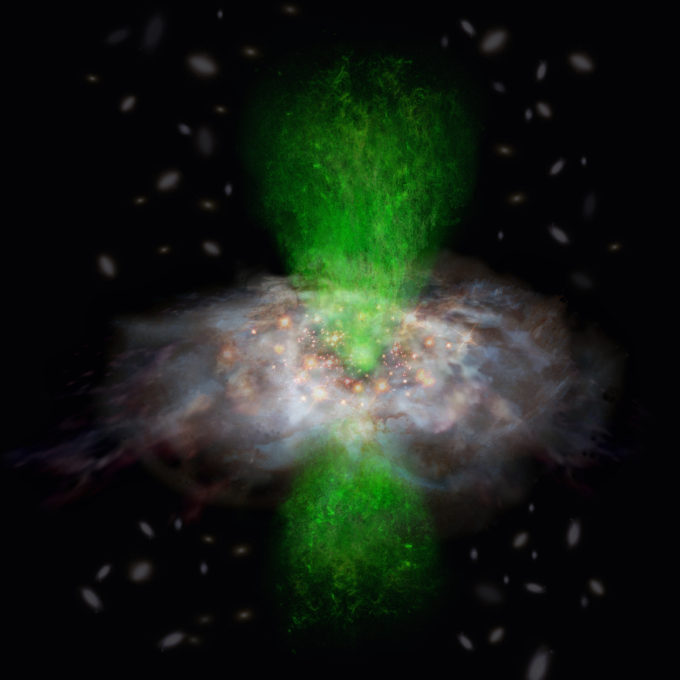 Imagen 3: representación artística donde se aprecia que el chorro de gas ionizado (verde) emanado del agujero negro supermasivo en el centro de la galaxia no afecta el proceso de formación estelar. Esto puede suceder cuando el chorro de gas ionizado es perpendicular a la nube de gas molecular. Créditos: ALMA (ESO/NAOJ/NRAO)