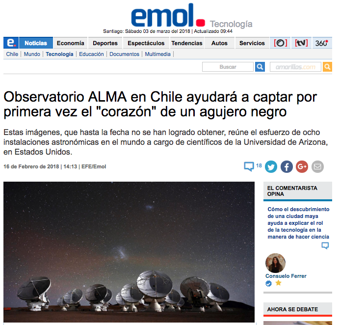 Observatorio ALMA en Chile ayudará a captar por primera vez el "corazón" de un agujero negro.