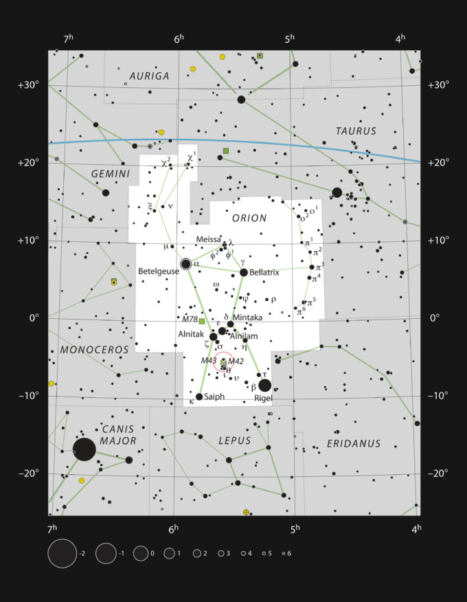 Este mapa muestra la ubicación de la nebulosa de Orión (Messier 42) en la espada de la famosa constelación de Orión (El Cazador). En el mapa se aprecián la mayoría de las estrellas visible a ojo desnudo con buenas condiciones de observación y la nebulosa de rión se encuentra al interior del círculo rojo. Esta gran zona de formación estelar puede observarse a simple vista en noches oscuras y descontaminadas y es una fuente impresionante para observar con telescopios amateurs.