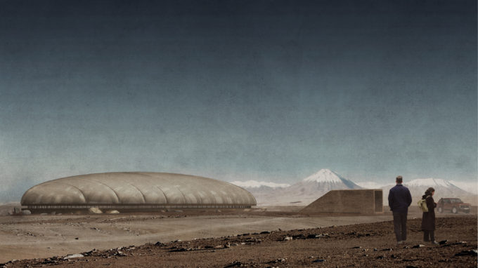 Lateral view of the indoor sports facility. Credit: Toptent Ingeniería y Construcción SpA./Murúa Arquitectos Asociados.