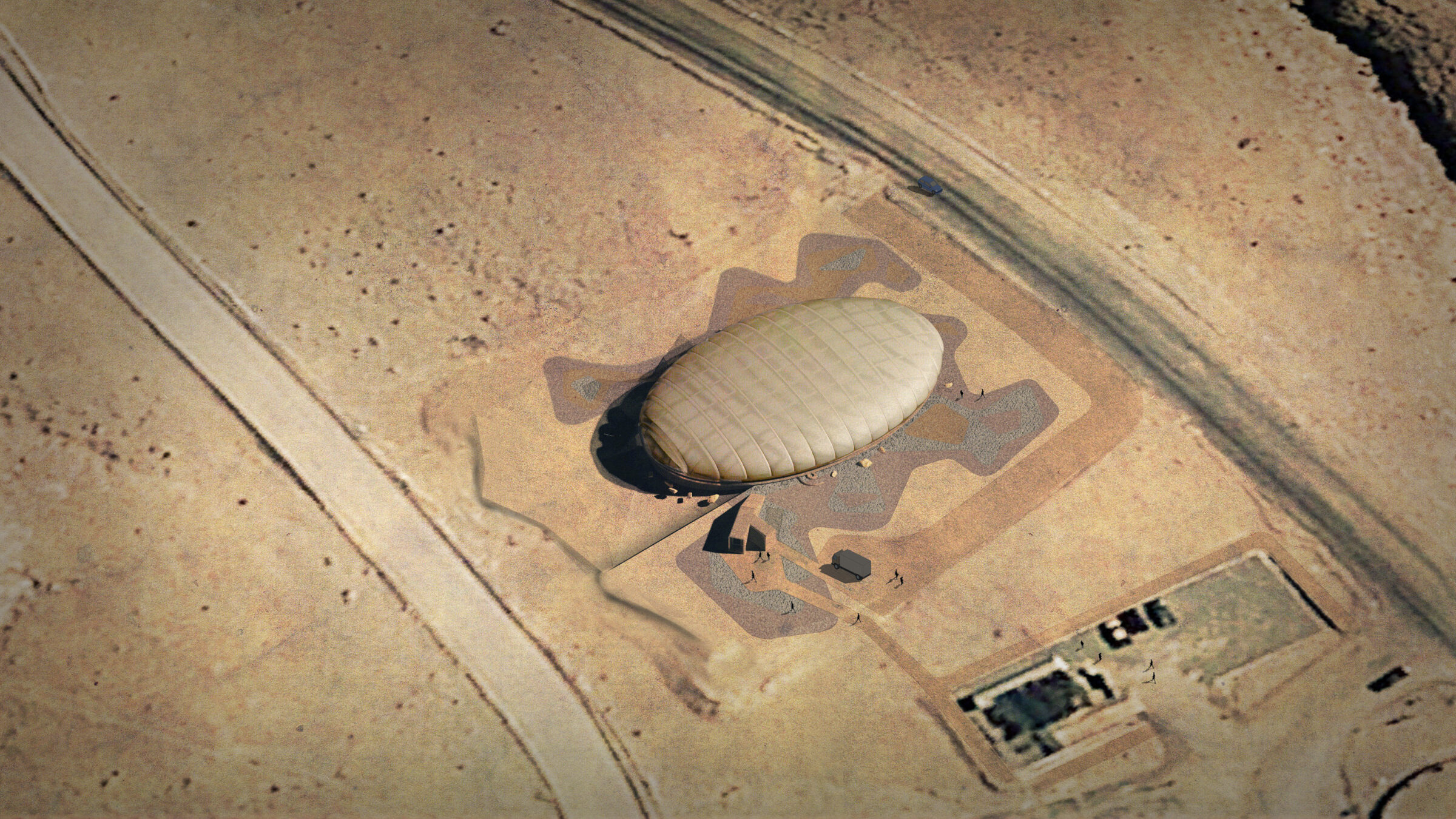 Indoor sports facility, aerial view