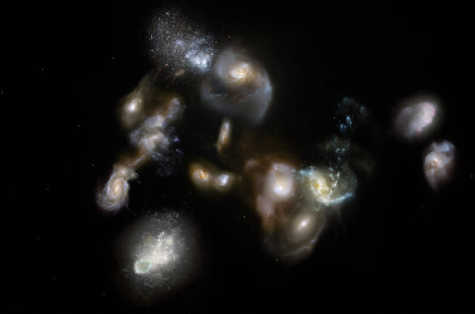 This artist’’s impression of SPT2349-56 shows a group of interacting and merging galaxies in the early Universe. Such mergers have been spotted using the ALMA and APEX telescopes and represent the formation of galaxies clusters, the most massive objects in the modern Universe. Astronomers thought that these events occurred around three billion years after the Big Bang, so they were surprised when the new observations revealed them happening when the Universe was only half that age! Credit: ESO/M. Kornmesser