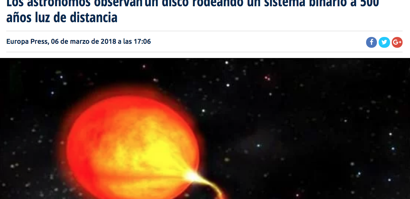 Los astrónomos observan un disco rodeando un sistema binario a 500 años luz de distancia