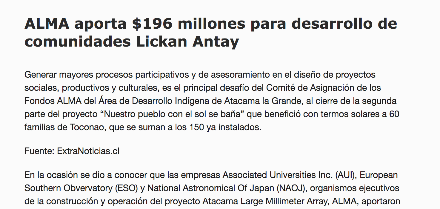 ALMA aporta $196 millones para desarrollo de comunidades Lickan Antay