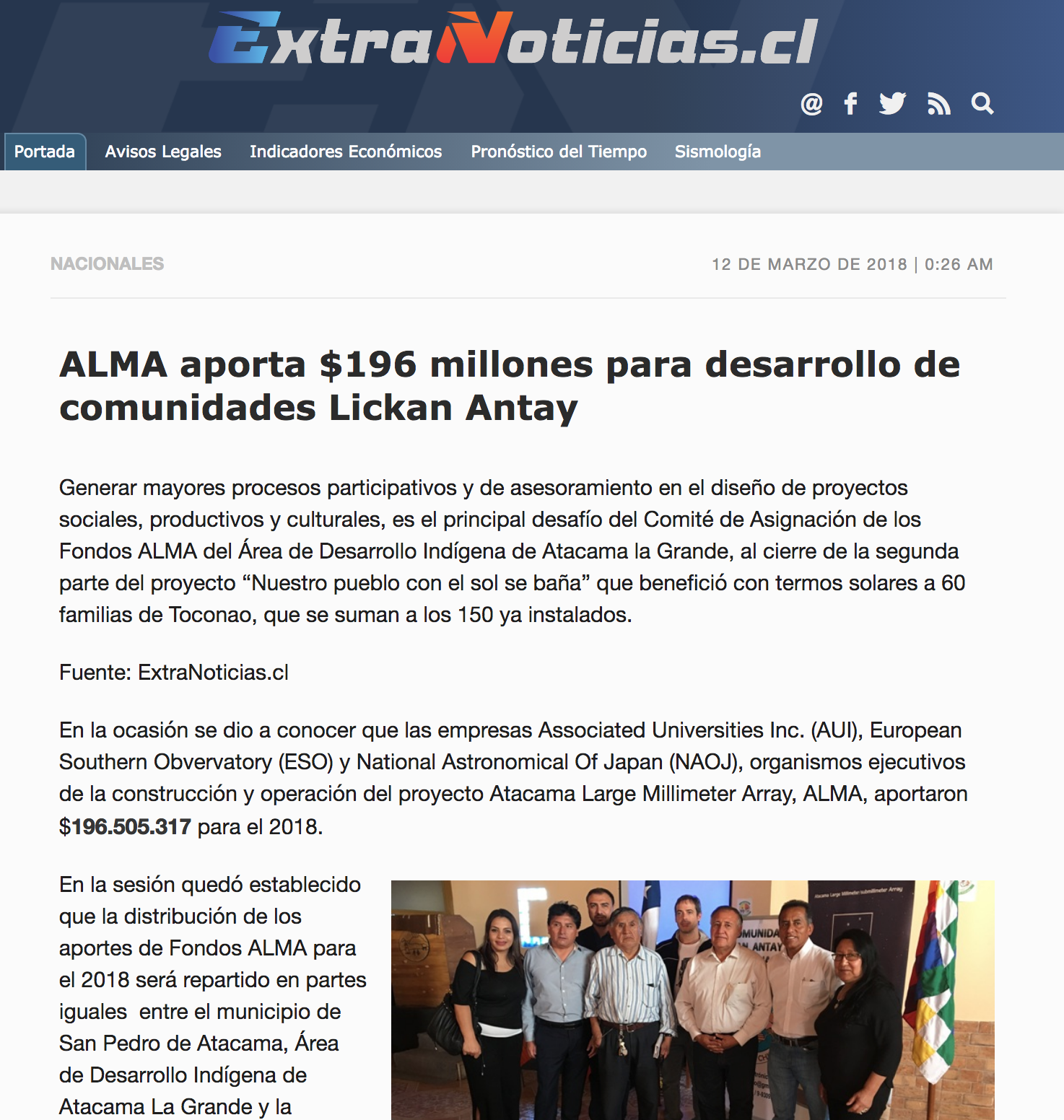 ALMA aporta $196 millones para desarrollo de comunidades Lickan Antay
