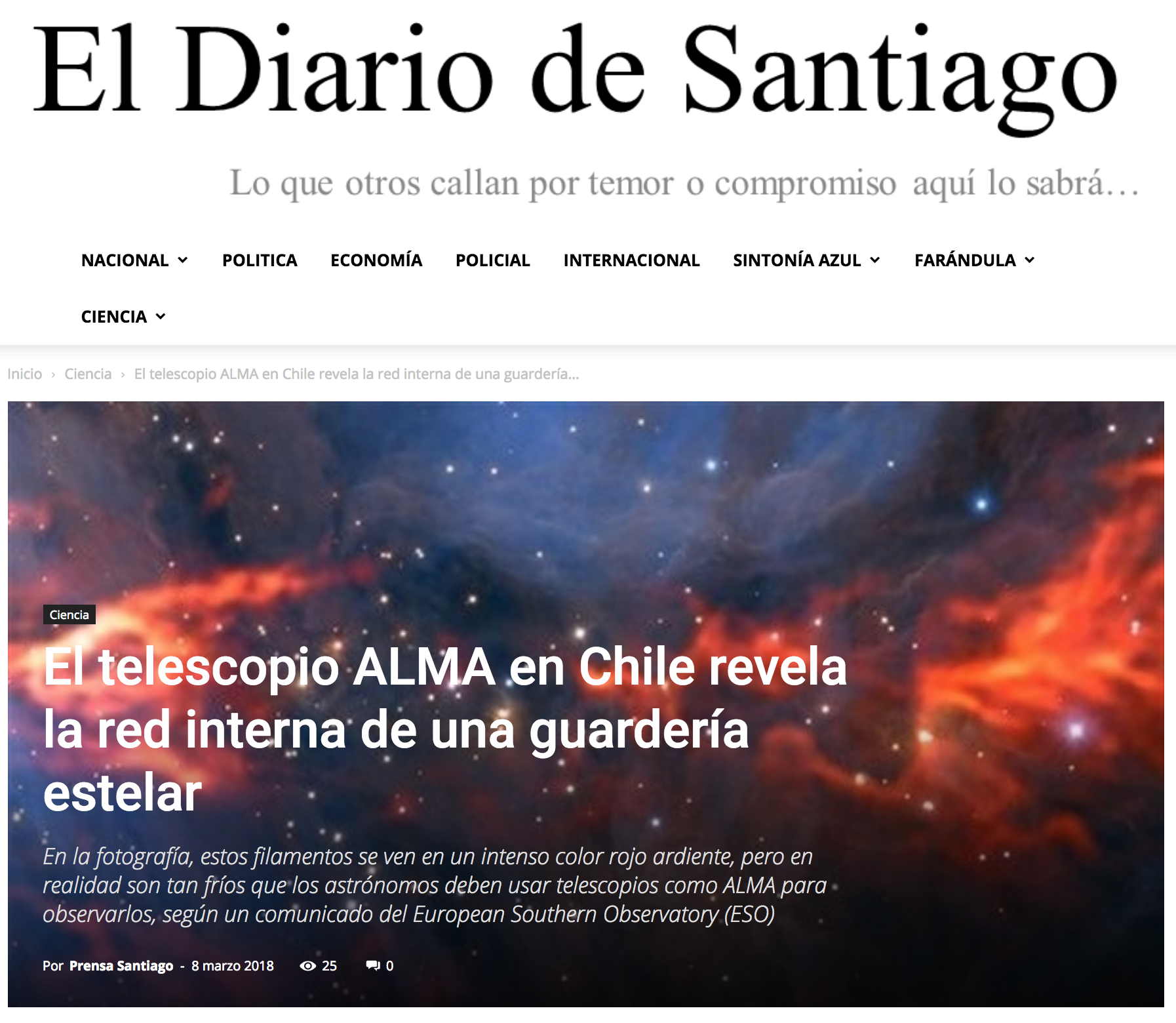 El telescopio ALMA en Chile revela la red interna de una guardería estelar