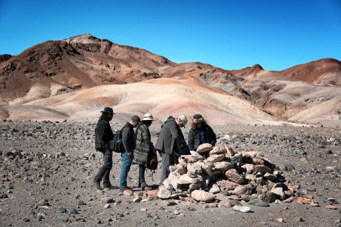 Sergio Martin (ALMA), Juan Cortés (ALMA), Ximena Cruz (San Pedro de Atacama Community), José Berenguer (Museo Precolombino's curator) y Cecilia Sanhueza (Historian, Leader of the project) analizing and geo tagging a Saywa in Camar. Credit: R. Bennett - ALMA (ESO/NAOJ/NRAO).