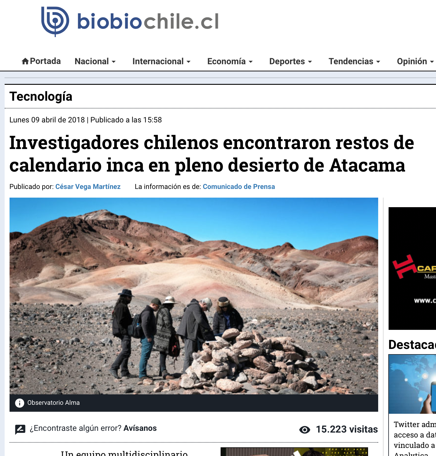 Investigadores chilenos encontraron restos de calendario inca en pleno desierto de Atacama