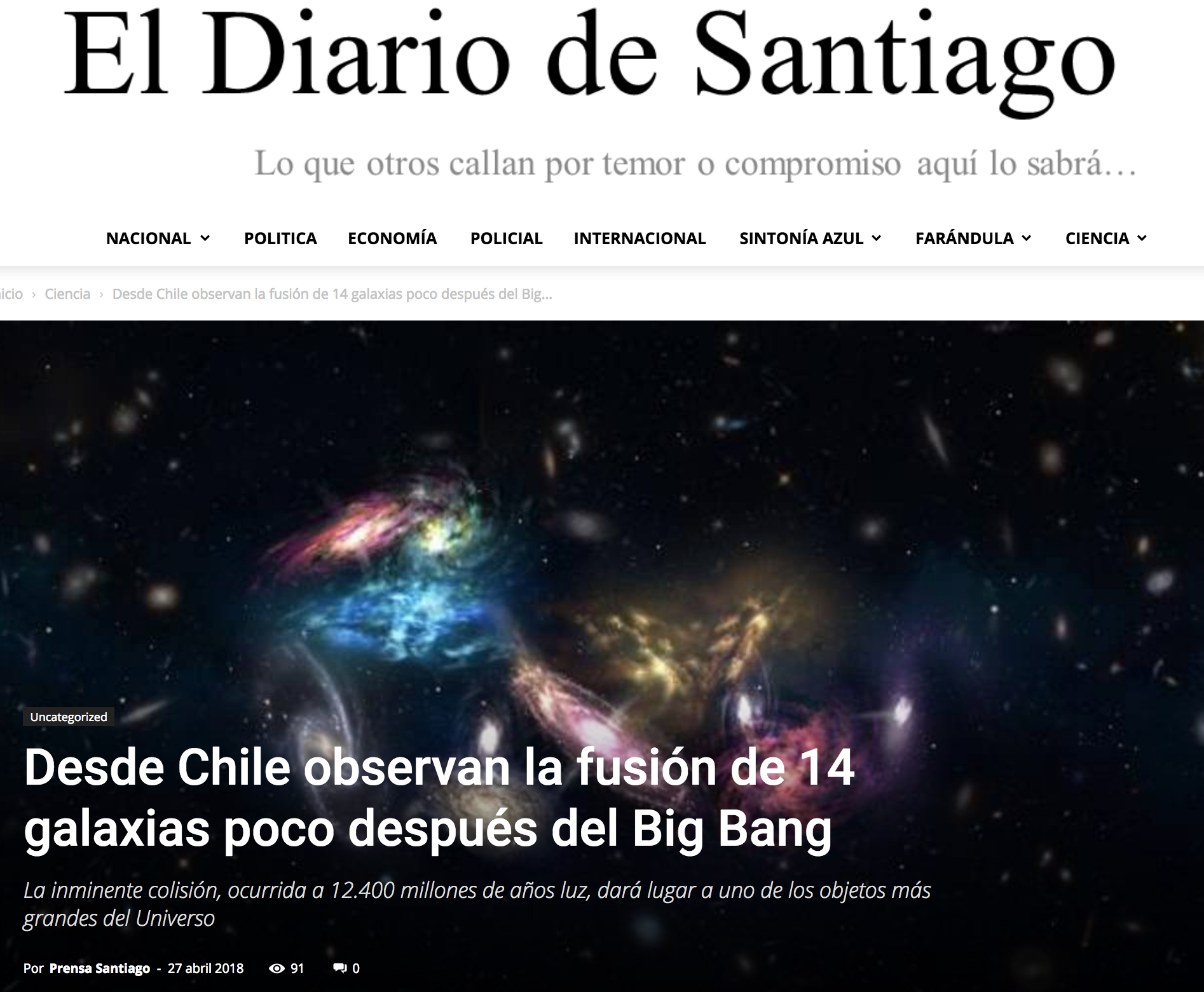 Desde Chile observan la fusión de 14 galaxias poco después del Big Bang