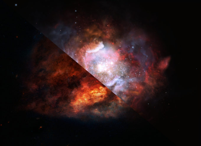 Esta impresión artística muestra una polvorienta galaxia en el universo distante que está formando estrellas a un ritmo mucho mayor que en nuestra Vía Láctea. Nuevas observaciones de ALMA han permitido a los científicos descorrer el velo de polvo y ver lo que antes era inaccesible: que esas galaxias con brote de formación estelar tienen un exceso de estrellas masivas en comparación con las galaxias más tranquilas. Crédito: ESO/M. Kornmesser
