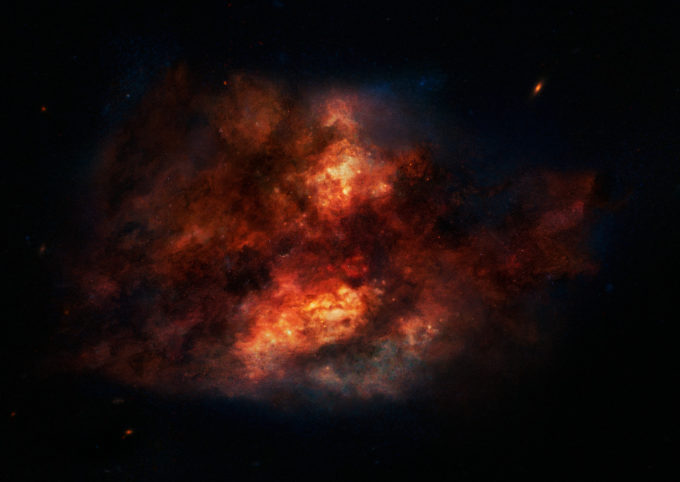 Galaxies in the distant Universe are seen during their youth and therefore have relatively short and uneventful star formation histories. This makes them an ideal laboratory to study the earliest epochs of star formation. But at a price — they are often enshrouded by obscuring dust that hampers the correct interpretation of the observations. Credit: ESO/M. Kornmesser