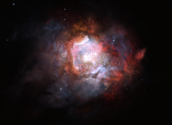 Normalmente, este tipo de galaxias forman estrellas a un ritmo tan alto que los astrónomos a menudo se refieren a ellas como galaxias con “estallidos” o “brotes” de formación estelar (starbursts en inglés). Comparadas con la Vía Láctea, pueden formar hasta 1000 veces más estrellas al año. Gracias a las capacidades únicas de ALMA, los astrónomos han podido medir la proporción de estrellas masivas en estas galaxias starburst. Crédito: ESO/M. Kornmesser