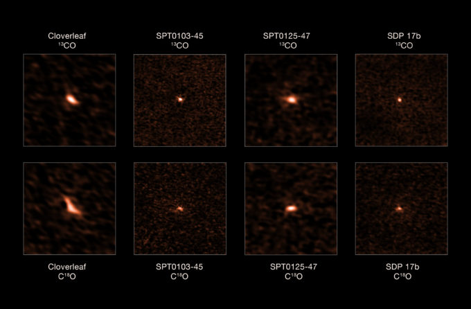 Esta imagen muestra las cuatro galaxias distantes con brote de formación estelar observadas por ALMA. Las imágenes superiores muestran la emisión de 13CO de cada galaxia, mientras que la parte inferior nos muestra su emisión de C18O. La proporción de estos dos isotopólogos permitió a los astrónomos determinar que estas galaxias con brote de formación estelar o starburst tienen un exceso de estrellas masivas. Crédito: ESO/Zhang et al.; ALMA (ESO/NAOJ/NRAO)