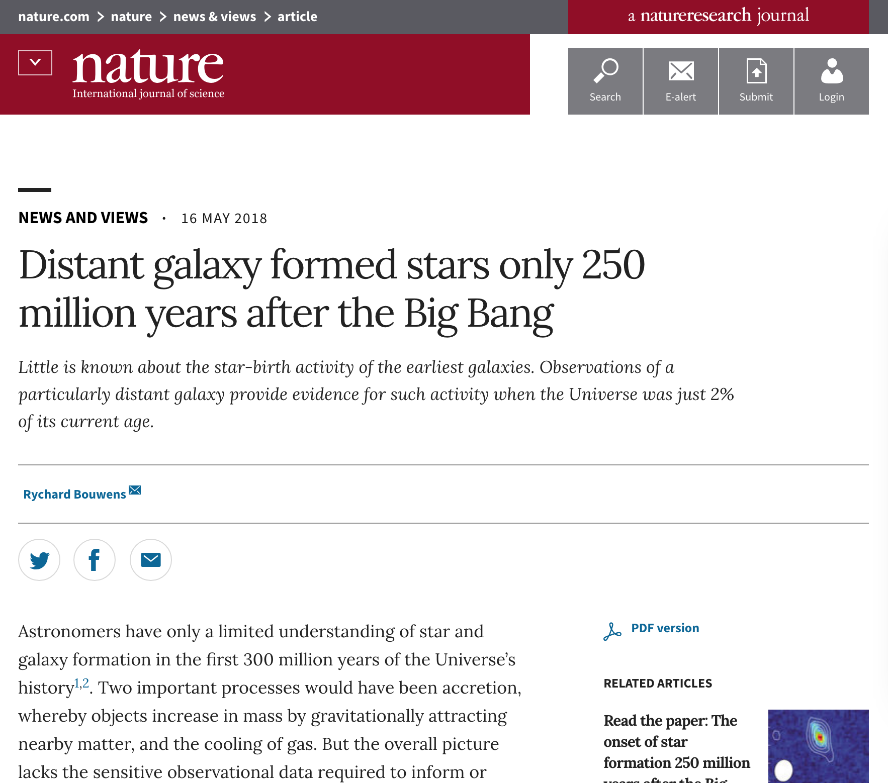 Distant galaxy formed stars only 250 million years after the Big Bang