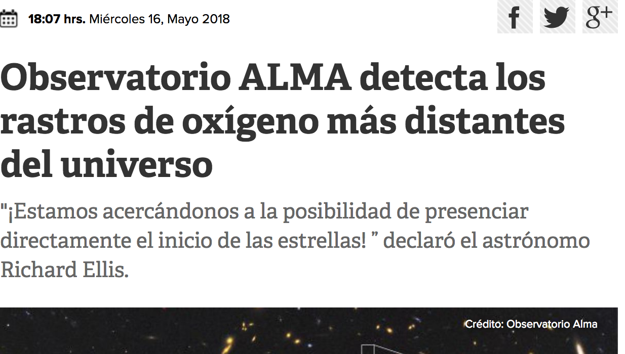 Observatorio ALMA detecta los rastros de oxígeno más distantes del universo