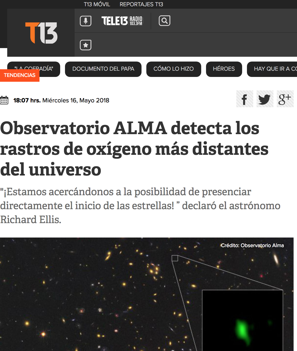 Observatorio ALMA detecta los rastros de oxígeno más distantes del universo