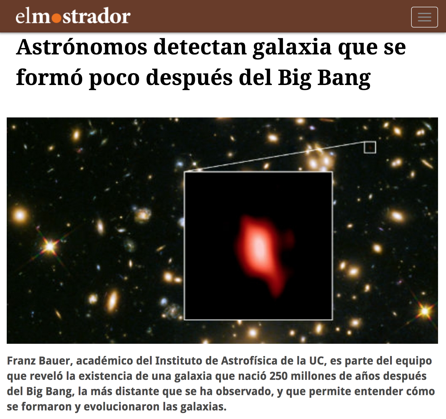 Astrónomos detectan galaxia que se formó poco después del Big Bang