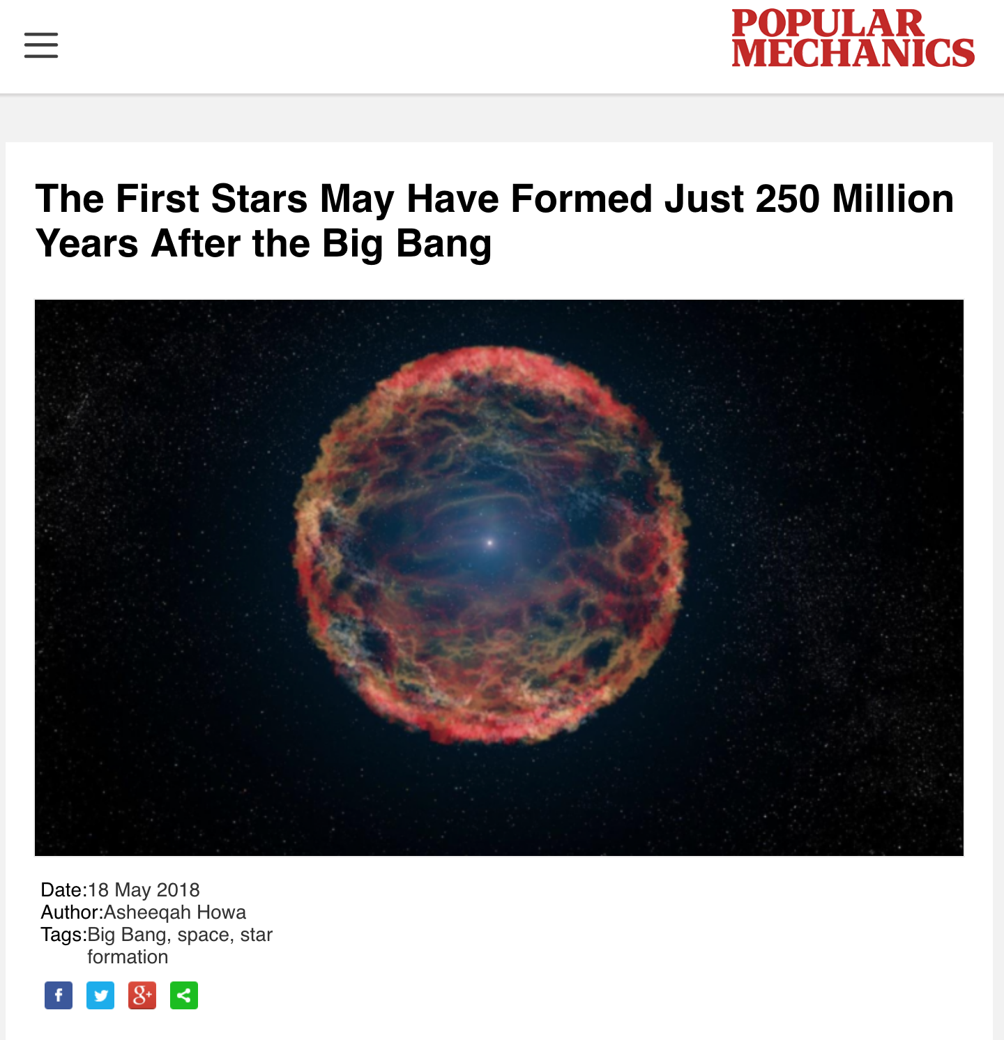 The first stars may have formed just 250 Million years after the Big Bang
