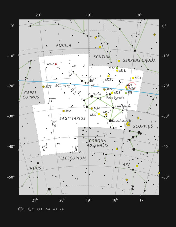 Este gráfico muestra la rica constelación de Sagitario (el arquero) y marca la posición de la estrella HD 163296. Esta estrella tiene dos veces la masa del sol, pero solo tiene 4 millones de años. Es demasiado débil para verla a ojo desnudo, pero puede observarse fácilmente con binoculares, y no se encuentra lejos de las famosas nebulosa Trífida y nebulosa de la Laguna. Crédito: ESO, IAU and Sky & Telescope