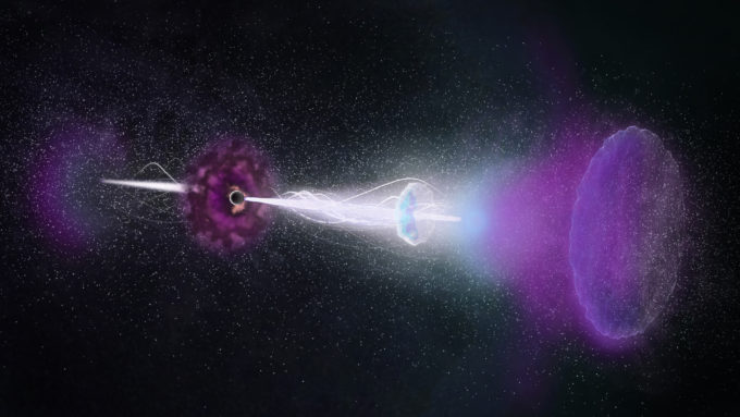 Artist impression of the "reverse shock" echoing back though the jets of the gamma-ray burst (GRB 161219B). Credit: NRAO/AUI/NSF, S. Dagnello