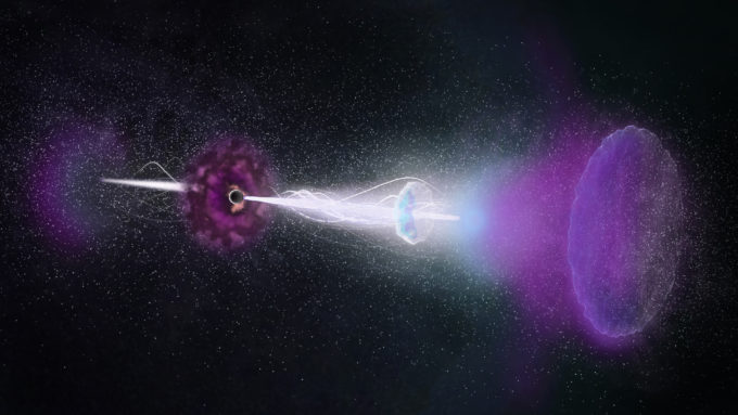 Impresión artística de la onda de choque inversa regresando como un eco a sus potentes chorros de destello de rayos gamma (GRB 161219B). Créditos: NRAO/AUI/NSF, S. Dagnello