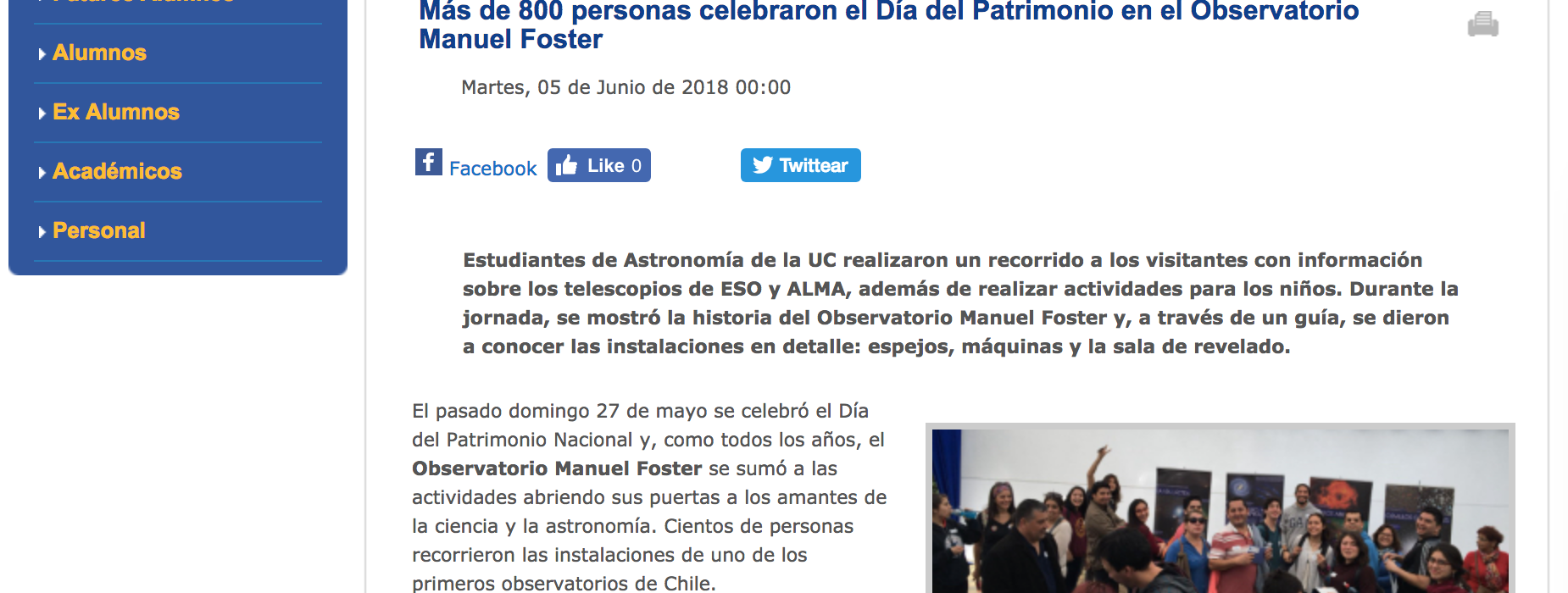 Más de 800 personas celebraron el Día del Patrimonio en el Observatorio Manuel Foster