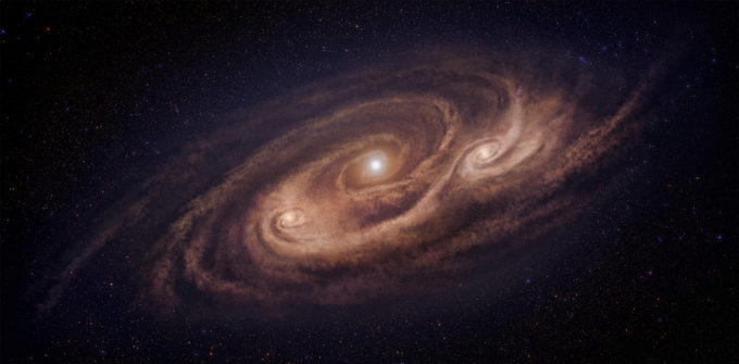 Representación artística de la galaxia monstruosa COSMOS-AzTEC-1. Esta galaxia se encuentra a 12.400 millones de años luz de nosotros y produce estrellas 1.000 veces más rápido que nuestra Vía Láctea. Las observaciones de ALMA revelaron densas concentraciones de gas en el disco, donde se genera un frenesí de nacimiento estelar. Créditos: Observatorio Astronómico Nacional de Japón.