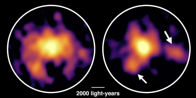 Artist’s impression of the monster galaxy COSMOS-AzTEC-1. This galaxy is located 12.4 billion light-years away and is forming stars 1000 times more rapidly than our Milky Way Galaxy. ALMA observations revealed dense gas concentrations in the disk and intense stars formation in those concentrations. Credit: National Astronomical Observatory of Japan.