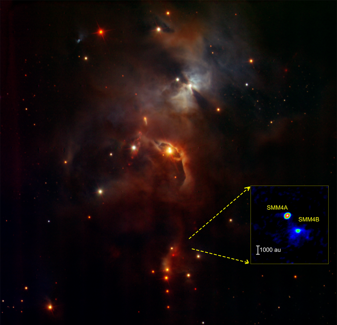 <p>La imagen de fondo muestra el cúmulo incubador de estrellas Serpens Main en el infrarrojo cercano. En el recuadro se muestra la ubicación de las dos protoestrellas Clase 0 SMM4A y SMM4B en el cúmulo en una longitud de onda de 1,3 mm. Créditos: ESO/ALMA(ESO/NAOJ/NRAO)/Aso et al.</p>
