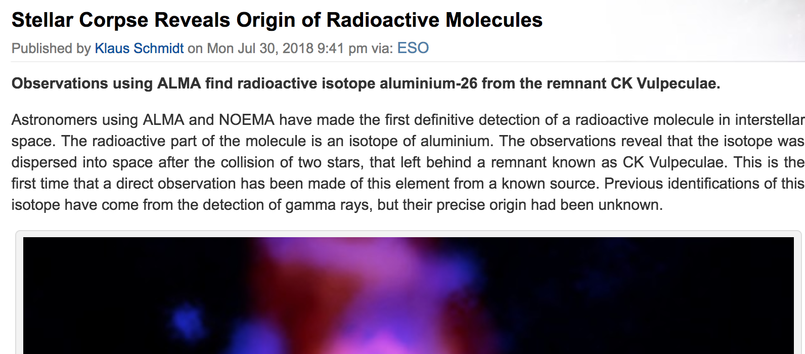 Stellar Corpse Reveals Origin of Radioactive Molecules | International Space Fellowship