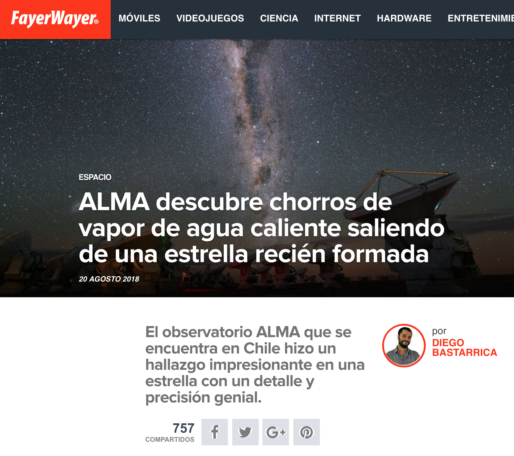 ALMA descubre chorros de vapor de agua caliente saliendo de una estrella recién formada