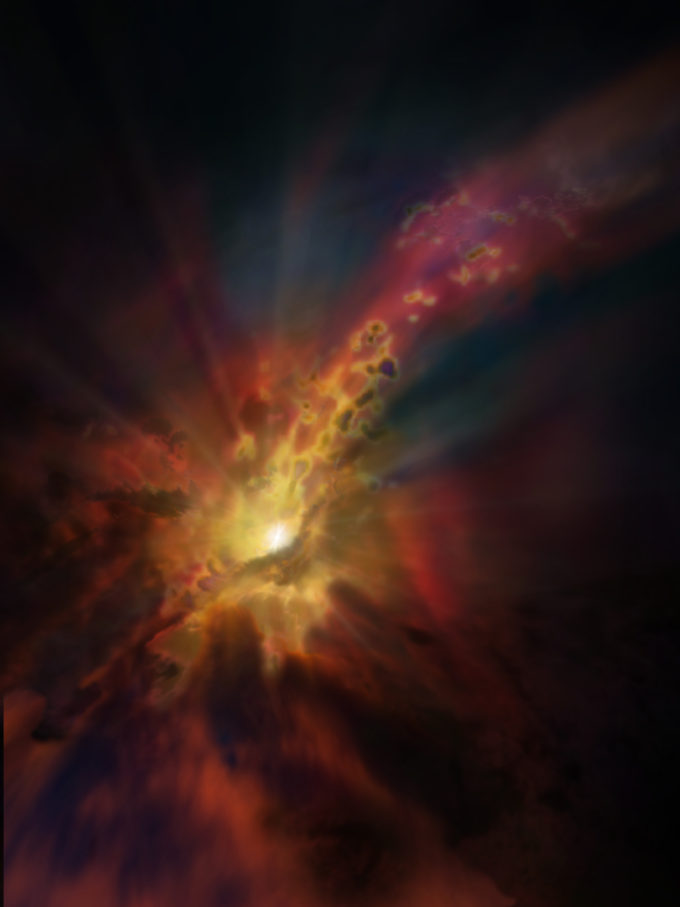 Interpretación artística de un flujo expulsado de gas molecular de una galaxia incubadora de estrellas. Crédito: NRAO / AUI / NSF, D. Berry