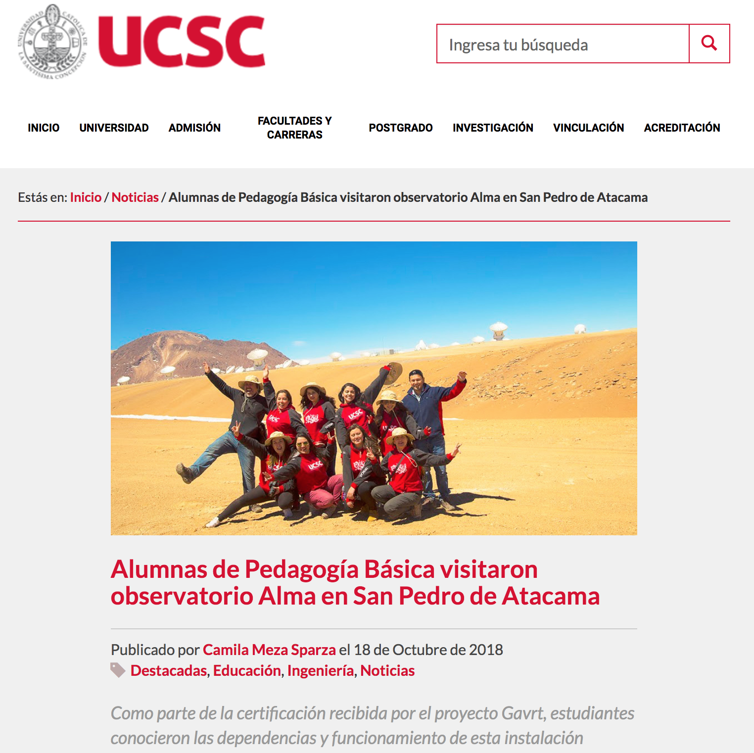 Alumnas de Pedagogía Básica visitaron observatorio Alma en San Pedro de Atacama
