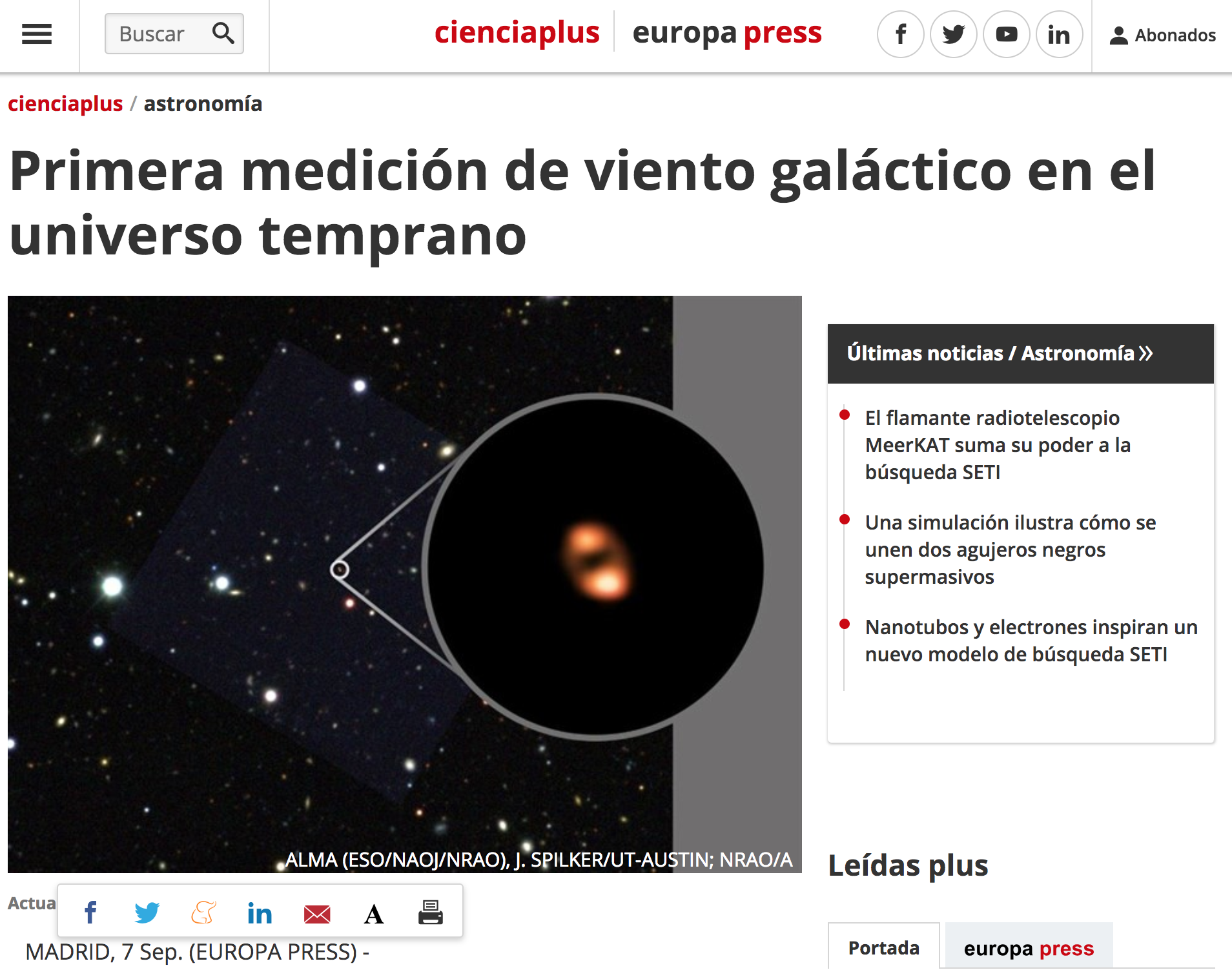 Primera medición de viento galáctico en el universo temprano