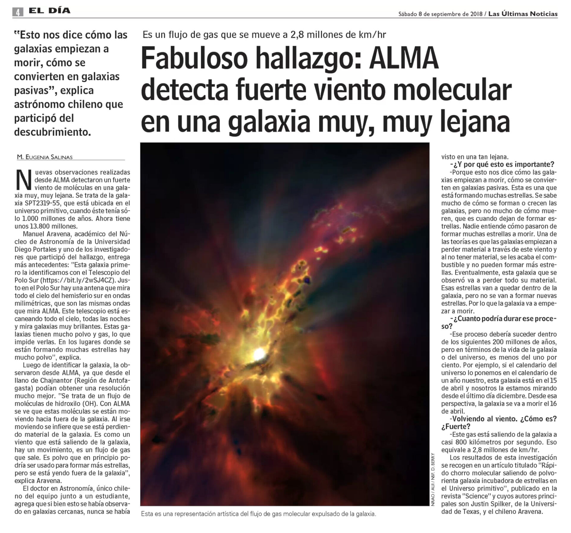 Fabuloso hallazgo: ALMA detecta fuerte viento molecular en una galaxia muy, muy lejana