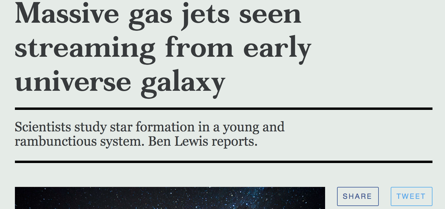 Massive gas jets seen streaming from early universe galaxy