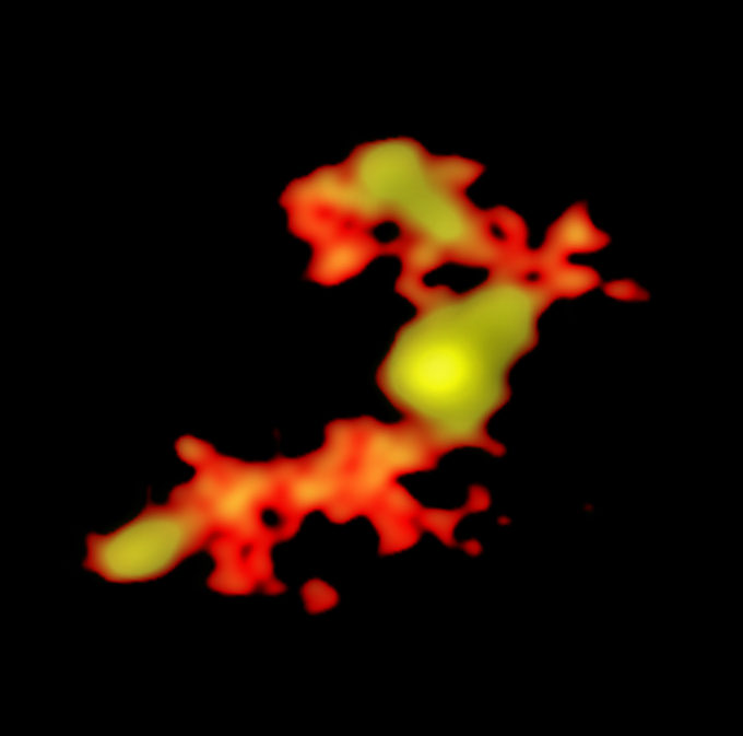Imagen de ALMA de W2246-0526 y sus compañeras que la alimentan a través de enormes corrientes de material. Crédito: T. Diaz-Santos et al.; N. Lira; ALMA (ESO/NAOJ/NRAO).