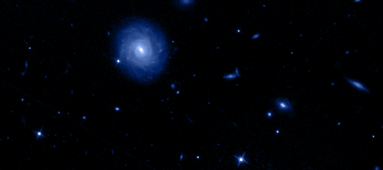 Esta animación muestra en azul el campo de visión del Telescopio Espacial Hubble en la misma zona del cielo en que ALMA observó (en rojo y amarillo) el sistema de galaxias W2246-0526. La gran galaxia en azul que observa Hubble se encuentra mucho más cerca de la Tierra que el sistema estudiado y por lo tanto no es parte de este estudio. La animación muestra claramente como ALMA logra revelar estructuras que en el óptico sería imposible de observar. Crédito: T. Diaz-Santos et al; / Hubble Space Telescope / N. Lira – ALMA (ESO/NAOJ/NRAO).