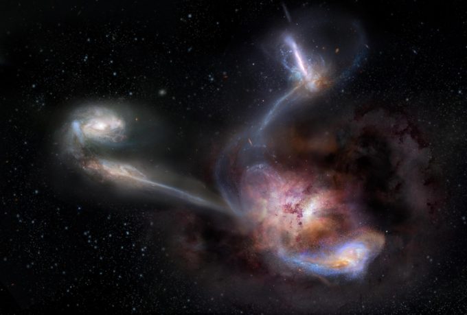 Interpretación artística de W2246-0526, la galaxia conocida más luminosa del Universo, y sus tres compañeras. Crédito: NRAO/AUI/NSF, S. Dagnello.
