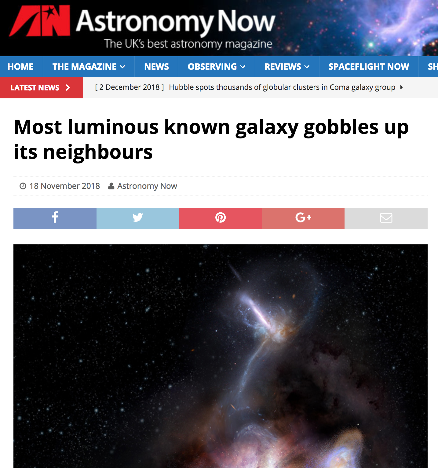 Most luminous known galaxy gobbles up its neighbours