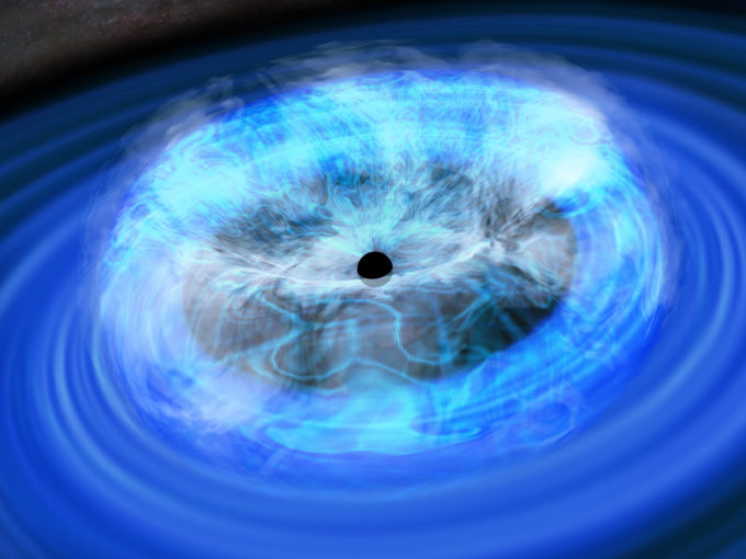 Interpretación artística de la corona alrededor de un agujero negro: Artist’s rendering of the corona around a black hole. Crédito: RIKEN, todos los derechos reservados.