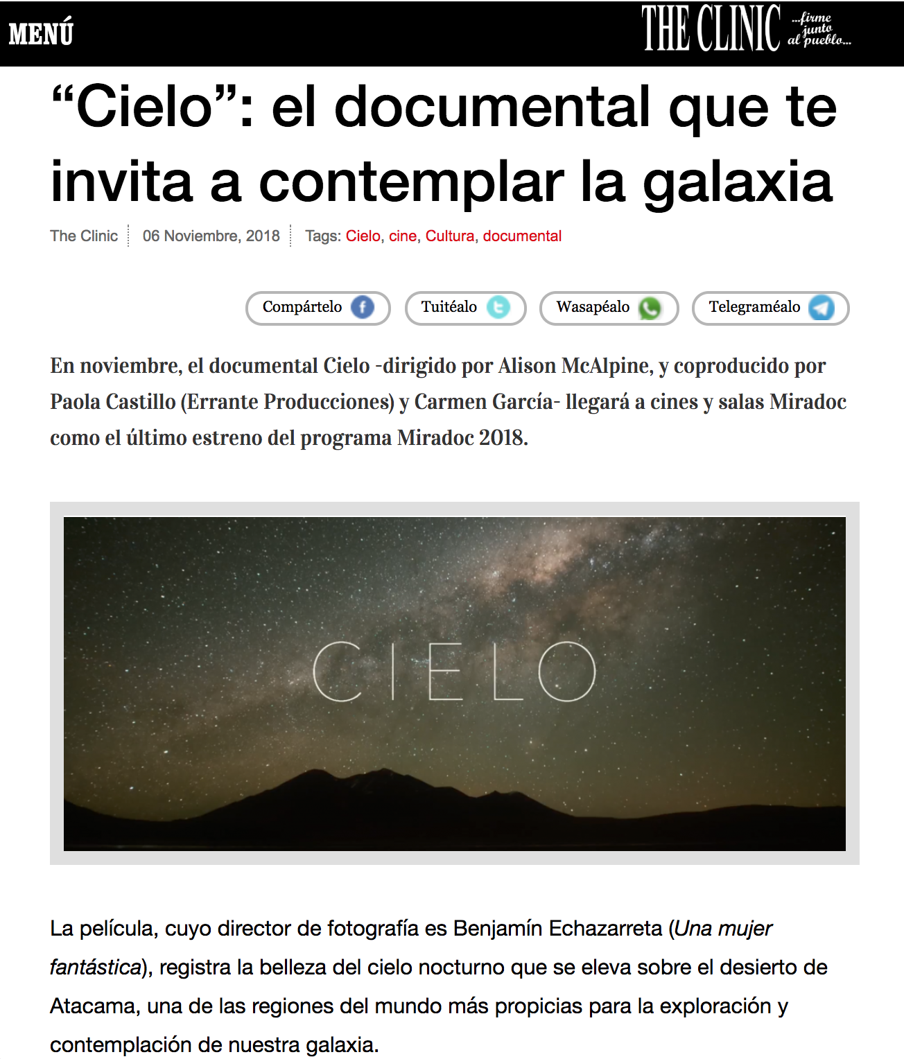 “Cielo”: el documental que te invita a contemplar la galaxia