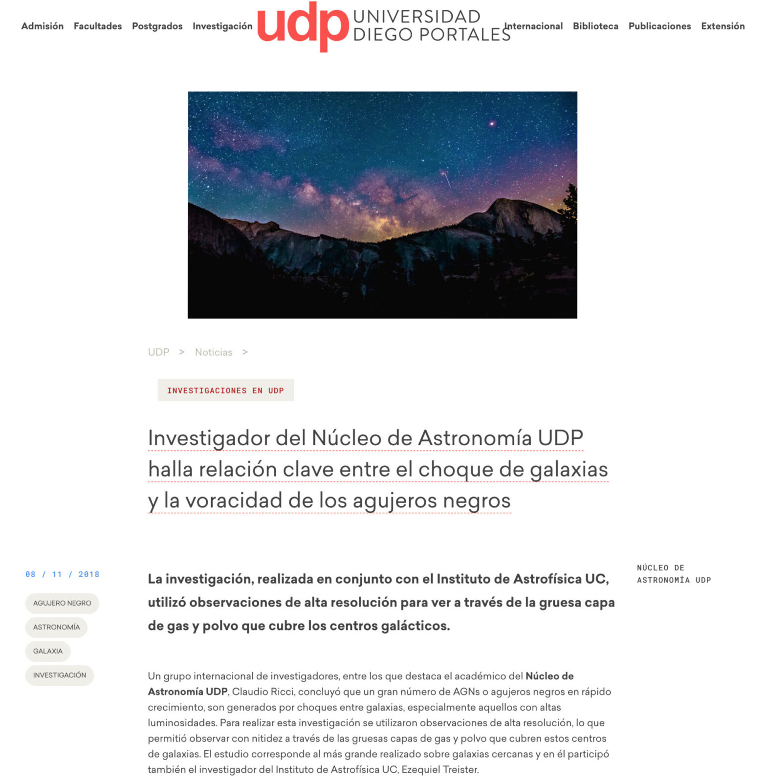 Investigador del Núcleo de Astronomía UDP halla relación clave entre el choque de galaxias y la voracidad de los agujeros negros