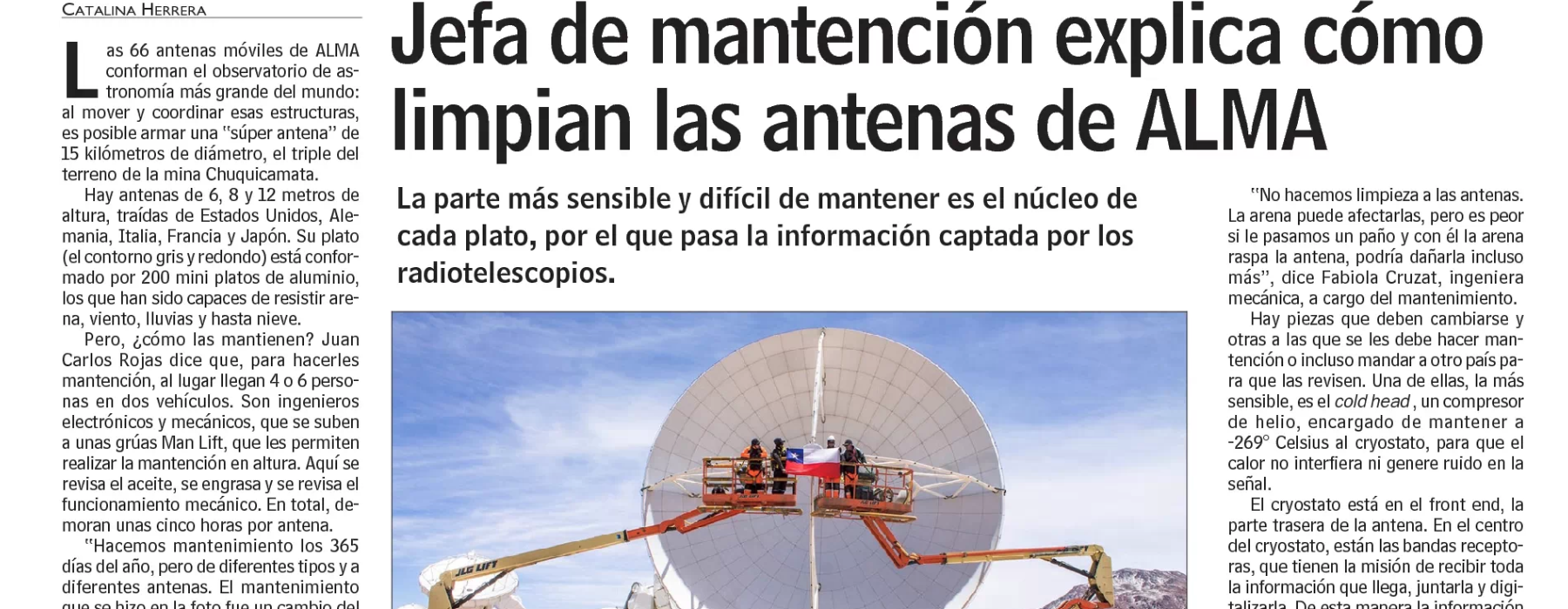 Jefa de mantención explica cómo limpian las antenas de ALMA